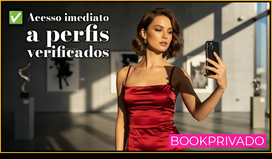 Modelo de luxo em vestido vermelho elegante, selfie em galeria de arte, acesso imediato a perfis verificados no Bookprivado.