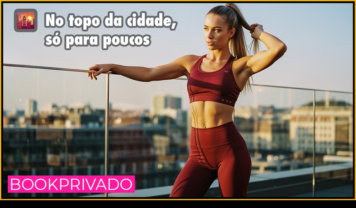 Modelo fitness estilo book rosa em rooftop urbano, exibindo elegância atlética com vista panorâmica exclusiva da cidade.