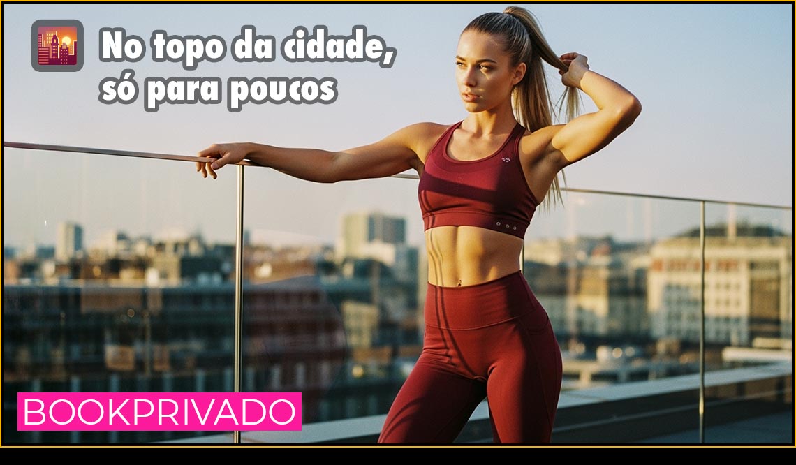 Luxury fitness model on a city rooftop, showcasing athletic elegance with an exclusive panoramic skyline view.