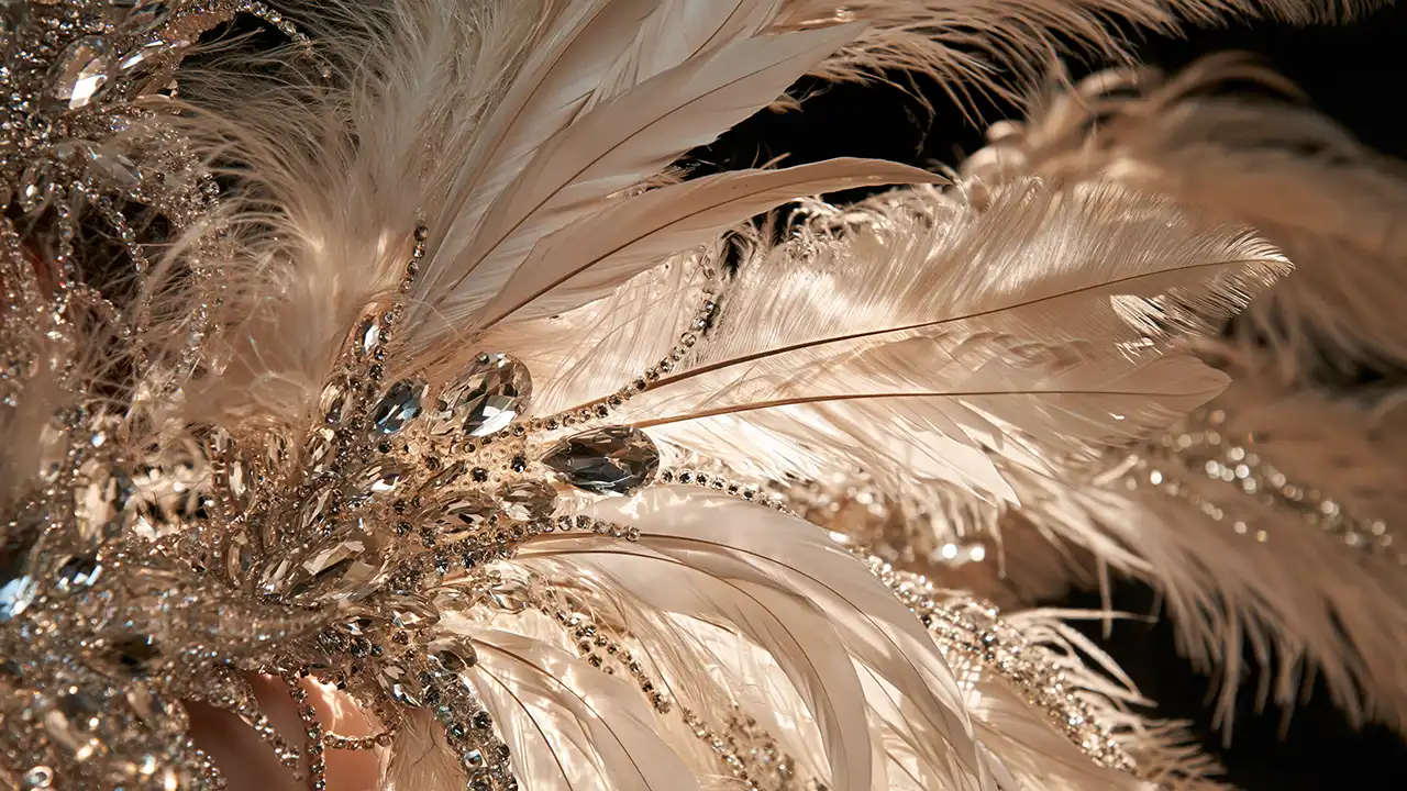 Detalhe de fantasia de carnaval em plumas claras com aplicações de cristais e strass