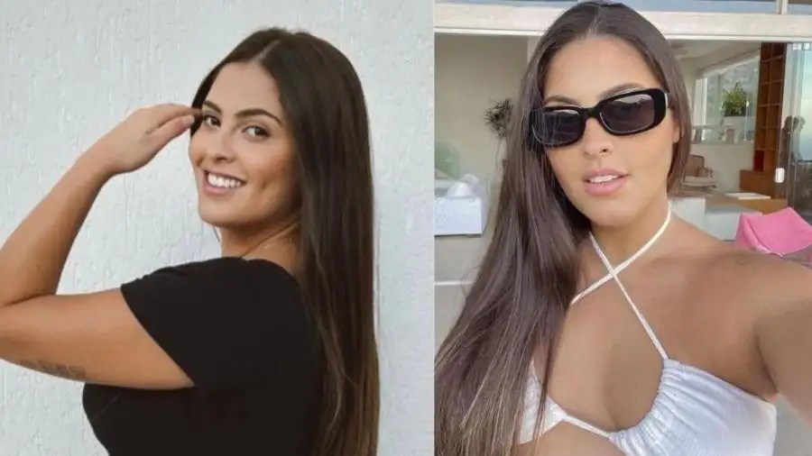 Montagem com duas fotos de Danielle Favatto: de blusa preta e em selfie de óculos escuros